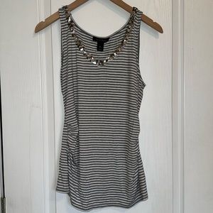 White House Black Market Grey and White Stripe Tank with Sequined V Neck